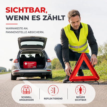 3 in 1 KFZ Pannenset 2026 & Autozubehör - Auto Erste Hilfe Set mit Verbandskasten & Warnweste für StVO
