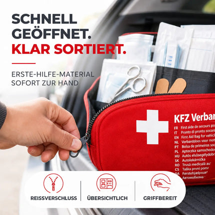 3 in 1 KFZ Pannenset 2026 & Autozubehör - Auto Erste Hilfe Set mit Verbandskasten & Warnweste für StVO