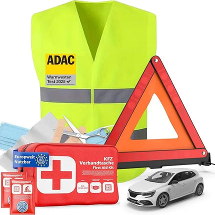 3 in 1 KFZ Set - KFZ-Verbandskasten, Warnweste, Warndreieck - Pannenset & Unfallzubehör für PKW