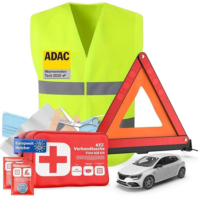 3 in 1 KFZ Set - KFZ-Verbandskasten, Warnweste, Warndreieck - Pannenset & Unfallzubehör für PKW