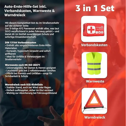 3 in 1 KFZ Set - KFZ-Verbandskasten, Warnweste, Warndreieck - Pannenset & Unfallzubehör für PKW