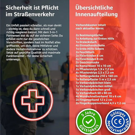 3 in 1 KFZ Set - KFZ-Verbandskasten, Warnweste, Warndreieck - Pannenset & Unfallzubehör für PKW