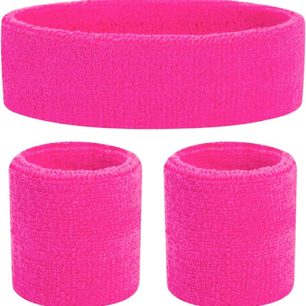 3 in 1 Schweißband pink Fasching Set mit Stirnband - als Accessoire Vokuhila Kostüm zu Retro