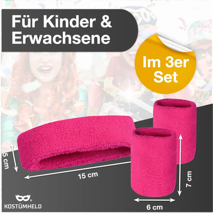 3 in 1 Schweißband pink Fasching Set mit Stirnband - als Accessoire Vokuhila Kostüm zu Retro