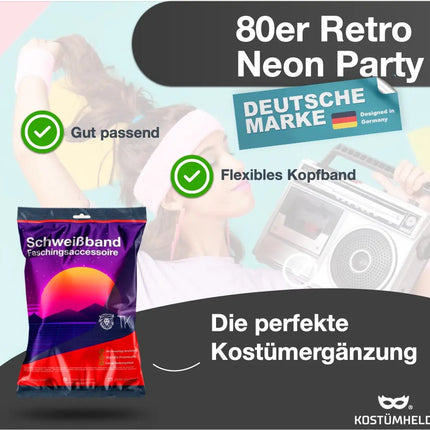 3 in 1 Schweißband pink Fasching Set mit Stirnband - als Accessoire Vokuhila Kostüm zu Retro