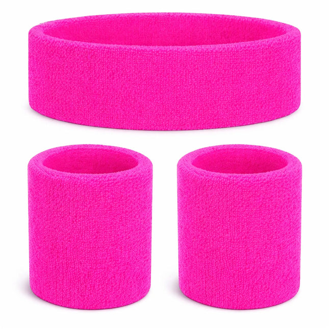 3 in 1 Schweißband pink Set mit Stirnband – Accessoire Vokuhila Kostüm zu Retro neon 80er 90er Outfit – Fasching & Karneval
