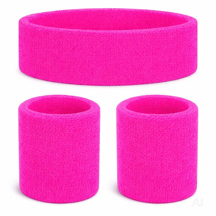 3 in 1 Schweißband pink Set mit Stirnband – Accessoire Vokuhila Kostüm zu Retro neon 80er 90er