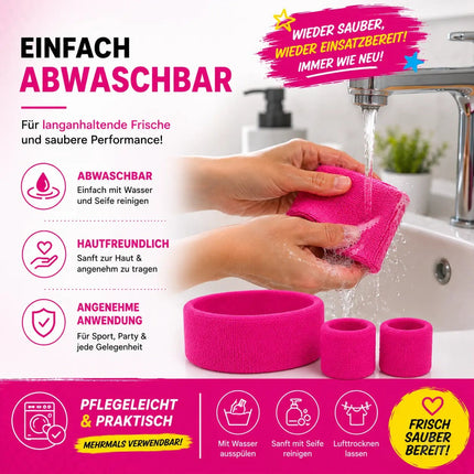 3 in 1 Schweißband pink Set mit Stirnband – Accessoire Vokuhila Kostüm zu Retro neon 80er 90er – Detailansicht 3