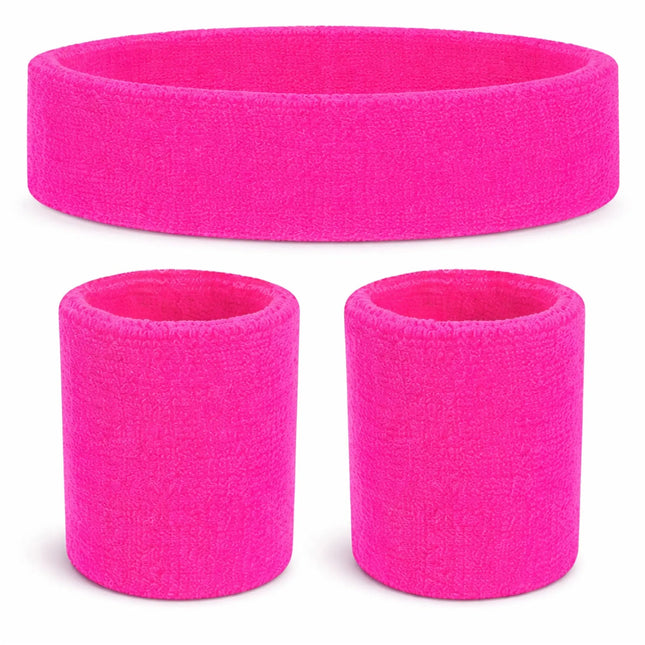 3 in 1 Schweißband pink Set mit Stirnband – Accessoire Vokuhila Kostüm zu Retro neon 80er 90er Outfit – Fasching & Karneval
