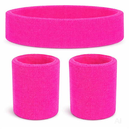 3 in 1 Schweißband pink Set mit Stirnband – Accessoire Vokuhila Kostüm zu Retro neon 80er 90er
