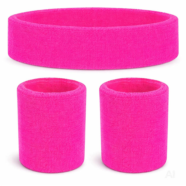 3 in 1 Schweißband pink Set mit Stirnband – Accessoire Vokuhila Kostüm zu Retro neon 80er 90er Outfit – Fasching & Karneval