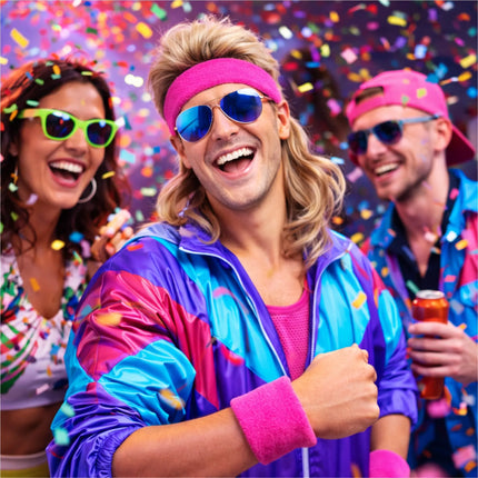 3 in 1 Schweißband pink Set mit Stirnband – Accessoire Vokuhila Kostüm zu Retro neon 80er 90er Outfit – Fasching & Karneval