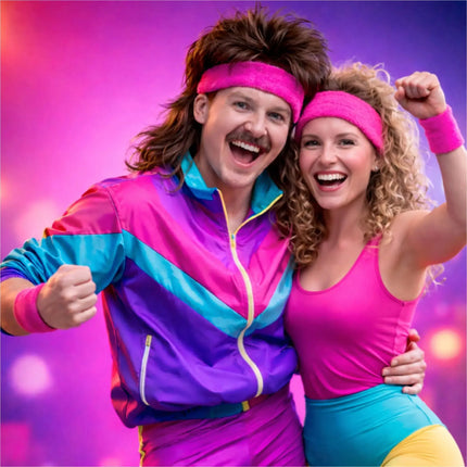 3 in 1 Schweißband pink Set mit Stirnband – Accessoire Vokuhila Kostüm zu Retro neon 80er 90er Outfit – Fasching & Karneval