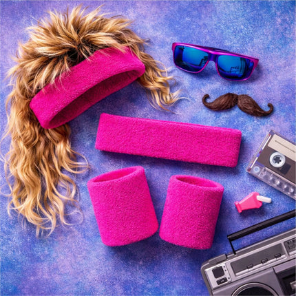 3 in 1 Schweißband pink Set mit Stirnband – Accessoire Vokuhila Kostüm zu Retro neon 80er 90er Outfit – Fasching & Karneval