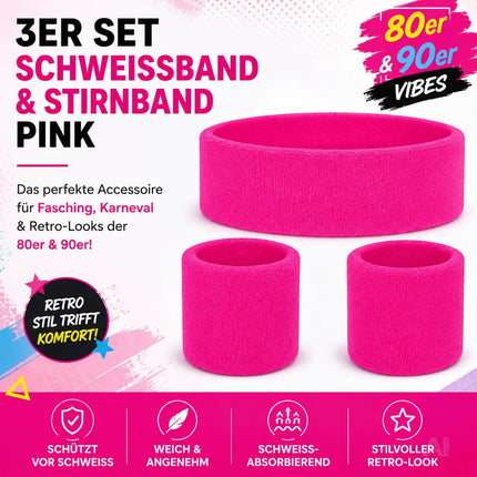 3 in 1 Schweißband pink Set mit Stirnband – Accessoire Vokuhila Kostüm zu Retro neon 80er 90er – Detailansicht 3