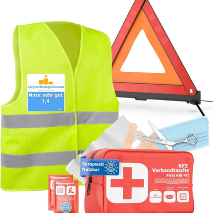 3 in 1 Set Auto Erste Hilfe Kit 2026 - KFZ-Verbandskasten, Warnweste & Pannenset