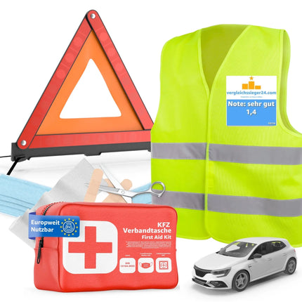 3 in 1 Set Auto Erste Hilfe Kit - KFZ-Verbandskasten, Warnweste, Warndreieck