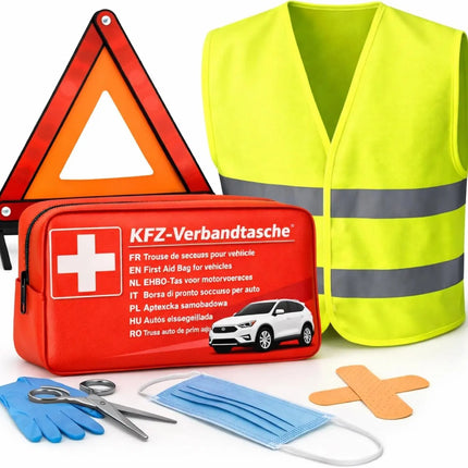3 in 1 Set Auto Erste Hilfe Kit - KFZ-Verbandskasten, Warnweste, Warndreieck
