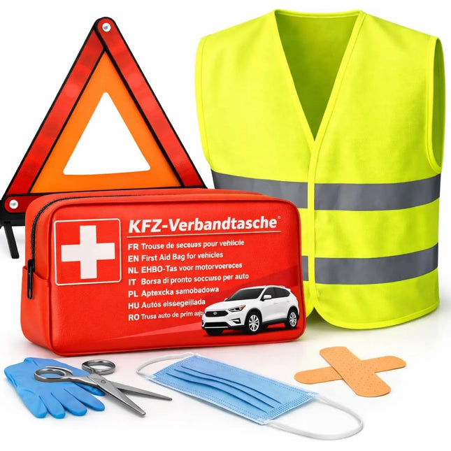 3 in 1 Set Auto Erste Hilfe Kit - KFZ-Verbandskasten, Warnweste, Warndreieck