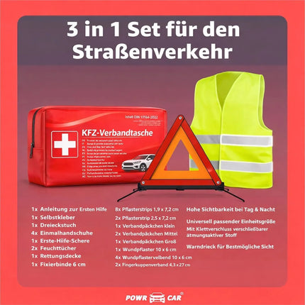 3 in 1 Set Auto Erste Hilfe Kit - KFZ-Verbandskasten, Warnweste, Warndreieck