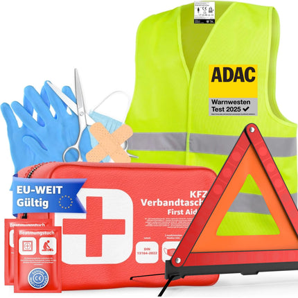 3 in 1- Set KFZ Pannenset 2025 & Autozubehör - Auto Erste Hilfe Set mit Verbandskasten & Warnweste für StVO