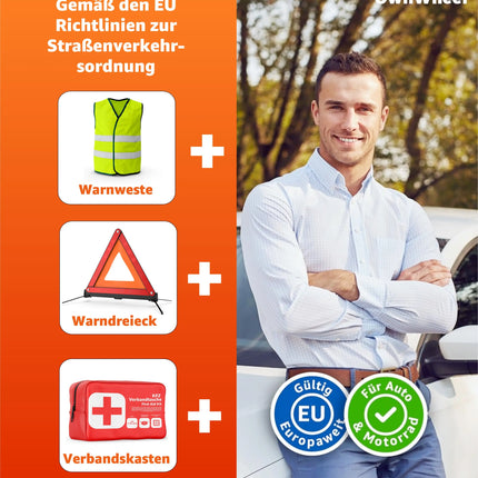 3 in 1- Set KFZ Pannenset 2025 & Autozubehör - Auto Erste Hilfe Set mit Verbandskasten & Warnweste für StVO