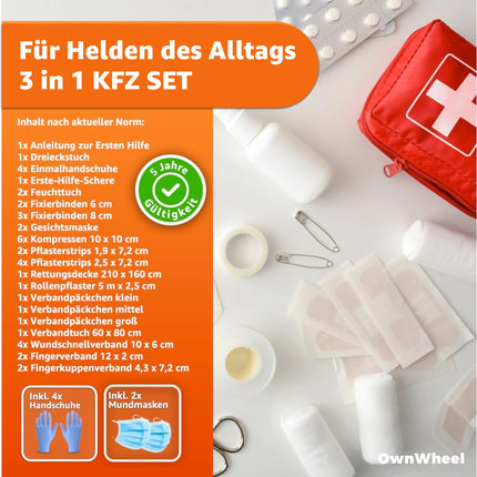 3 in 1- Set KFZ Pannenset 2025 & Autozubehör - Auto Erste Hilfe Set mit Verbandskasten & Warnweste für StVO