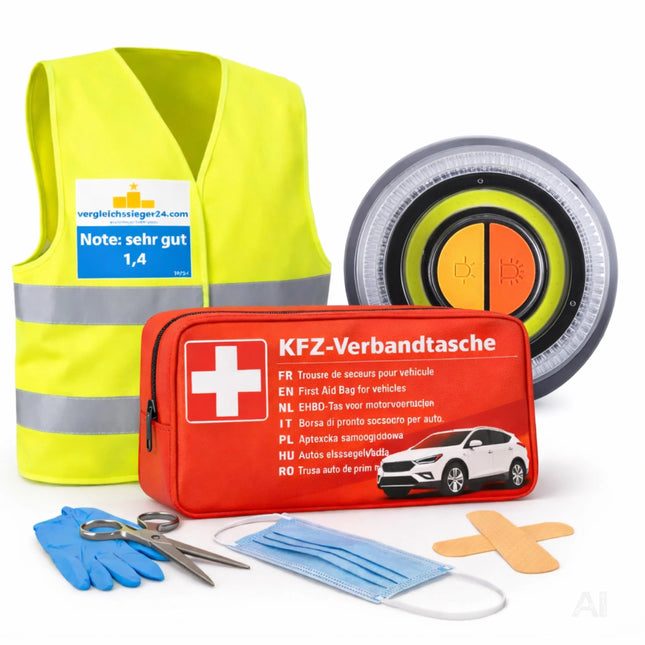 3 in 1 Set - Warndreieck - Pannendreieck - Warnleuchte V16 Notlicht IDIADA Zulassung Nr. PC21020060 - Warnweste & Verbandskasten - für Auto & Motorrad (3 in 1 Set)