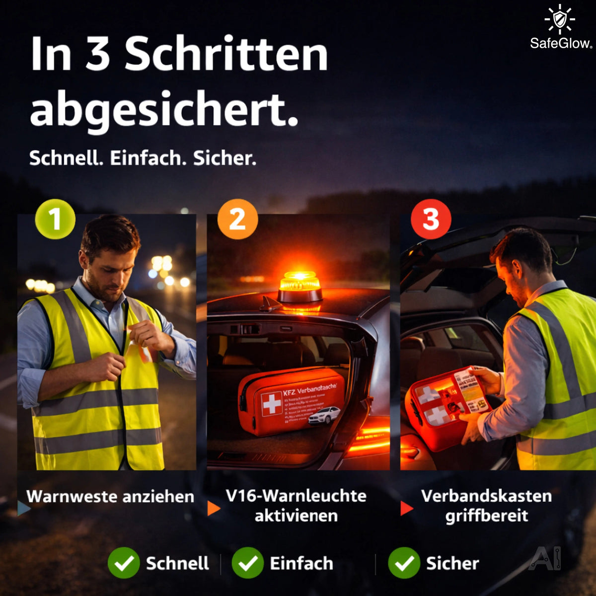 3 in 1 Set - Warnleuchte V16 Notlicht IDIADA Zulassung Nr. PC21020060 - für Auto & Motorrad – Detailansicht 6