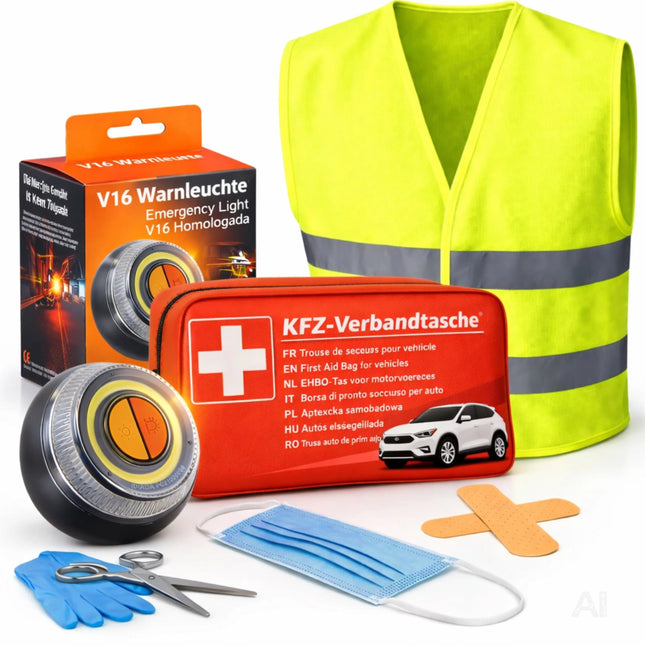 3 in 1 Set für Auto & Motorrad - Warnleuchte V16 - Notlicht IDIADA Zulassung Nr. PC21020060 - Warnweste & Verbandskasten - Warndreieck - Pannendreieck (3 in 1 Set)