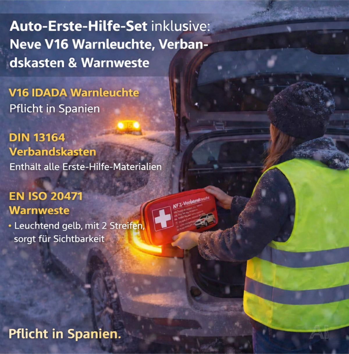 3 in 1 Set für Auto & Motorrad - Warnleuchte V16 - Notlicht IDIADA Zulassung Nr. PC21020060 – Detailansicht 3