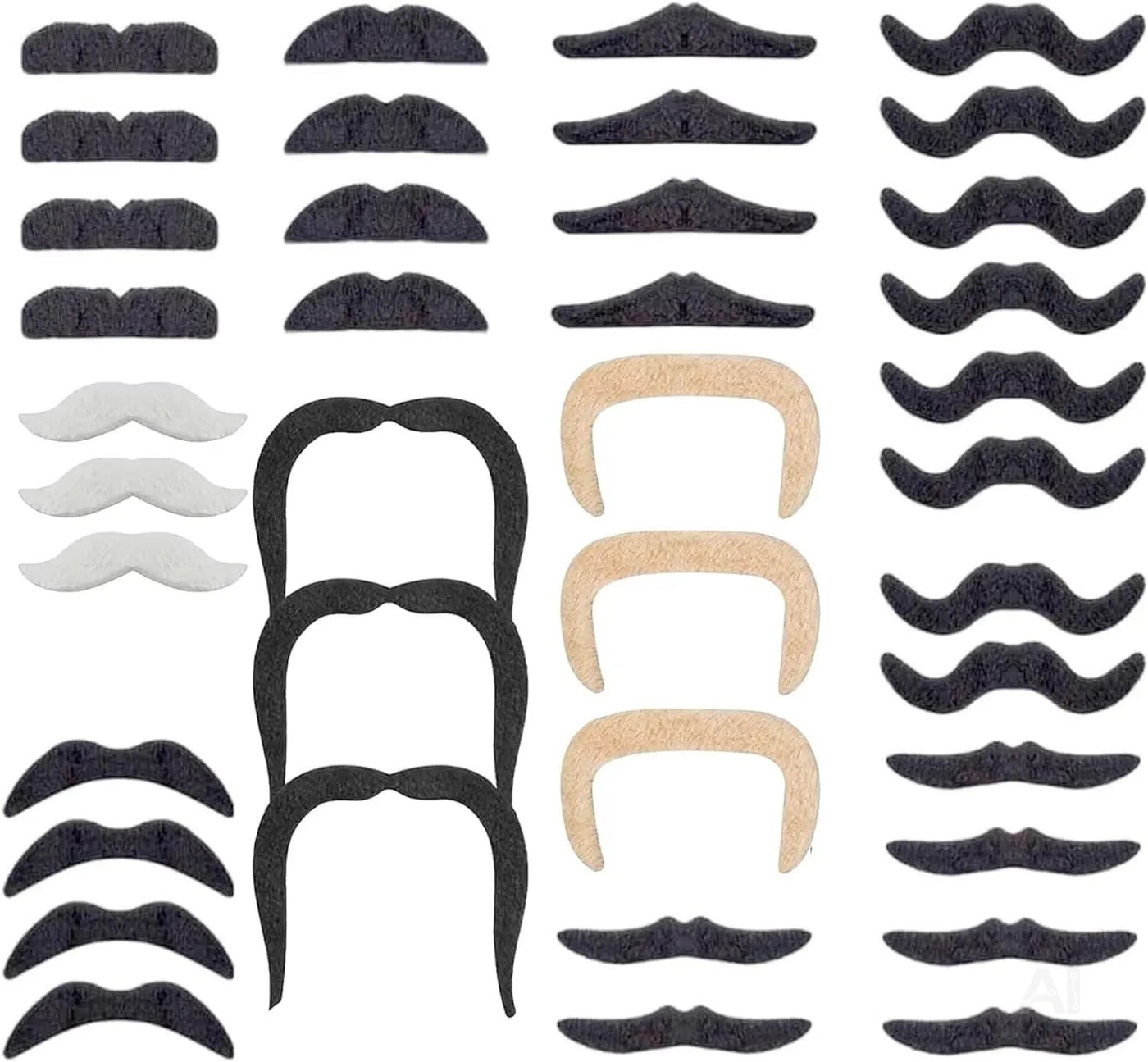 36x selbstklebend Bärte mit div. Schnurrbart Schnurbert Bart Fake Moustache Schnauzer – zum Ankleben zu Fasching & Karneval