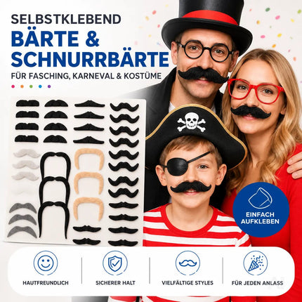 36x selbstklebend Bärte mit div. Schnurrbart Schnurbert Bart Fake Moustache Schnauzer – zum Ankleben zu Fasching & Karneval