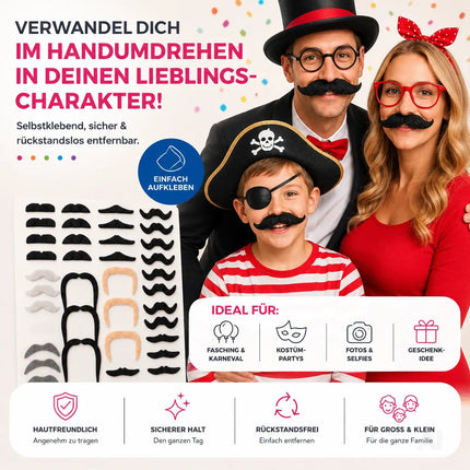 36x selbstklebend Bärte mit div. Schnurrbart Schnurbert Bart Fake Moustache Schnauzer – zum Ankleben zu Fasching & Karneval
