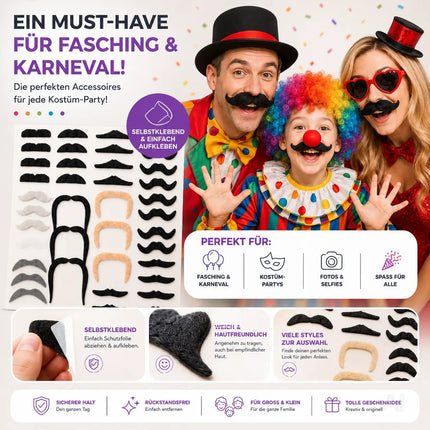 36x selbstklebend Bärte mit div. Schnurrbart Schnurbert Bart Fake Moustache Schnauzer – zum Ankleben zu Fasching & Karneval