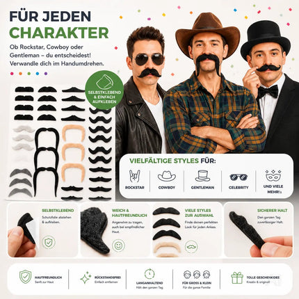 36x selbstklebend Bärte mit div. Schnurrbart Schnurbert Bart Fake Moustache Schnauzer – zum Ankleben zu Fasching & Karneval