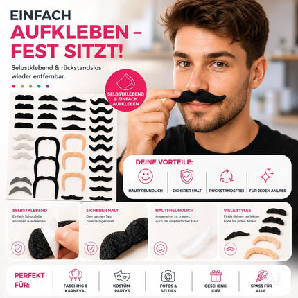 36x selbstklebend Bärte mit div. Schnurrbart Schnurbert Bart Fake Moustache Schnauzer – zum Ankleben zu Fasching & Karneval