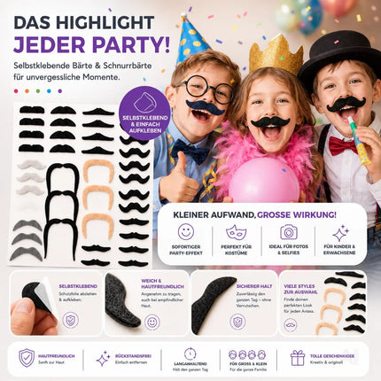 36x selbstklebend Bärte mit div. Schnurrbart Schnurbert Bart Fake Moustache Schnauzer – zum Ankleben zu Fasching & Karneval