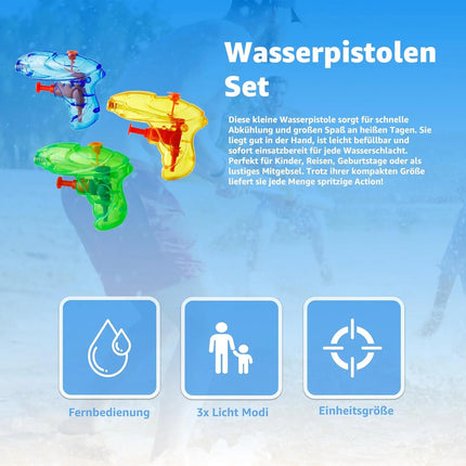 3X Mini Wasserpistolen für Kinder - Große Reichweite & Tank - Spritzpistolen in bunten Farben ca. 8 cm Wasserspritzpistole