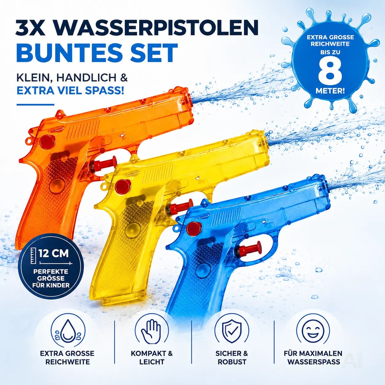 3X Wasserpistolen 12 cm bunt Set – Extra großer Reichweite
