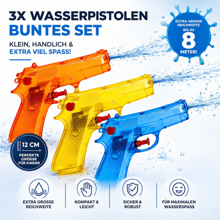 3X Wasserpistolen 12 cm bunt Set - Extra großer Reichweite - Spritzpistole klein mini - Wasserspritzpistole für Kinder