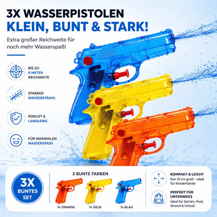 3X Wasserpistolen 12 cm bunt Set - Extra großer Reichweite - Spritzpistole klein mini - Wasserspritzpistole für Kinder