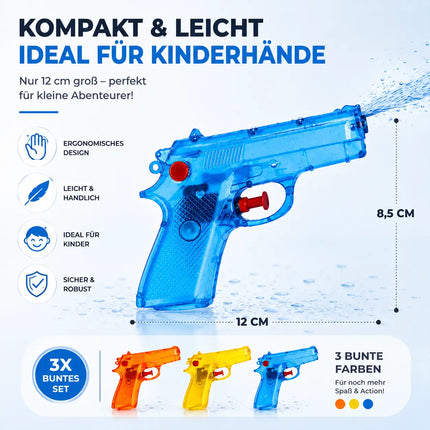 3X Wasserpistolen 12 cm bunt Set - Extra großer Reichweite - Spritzpistole klein mini - Wasserspritzpistole für Kinder
