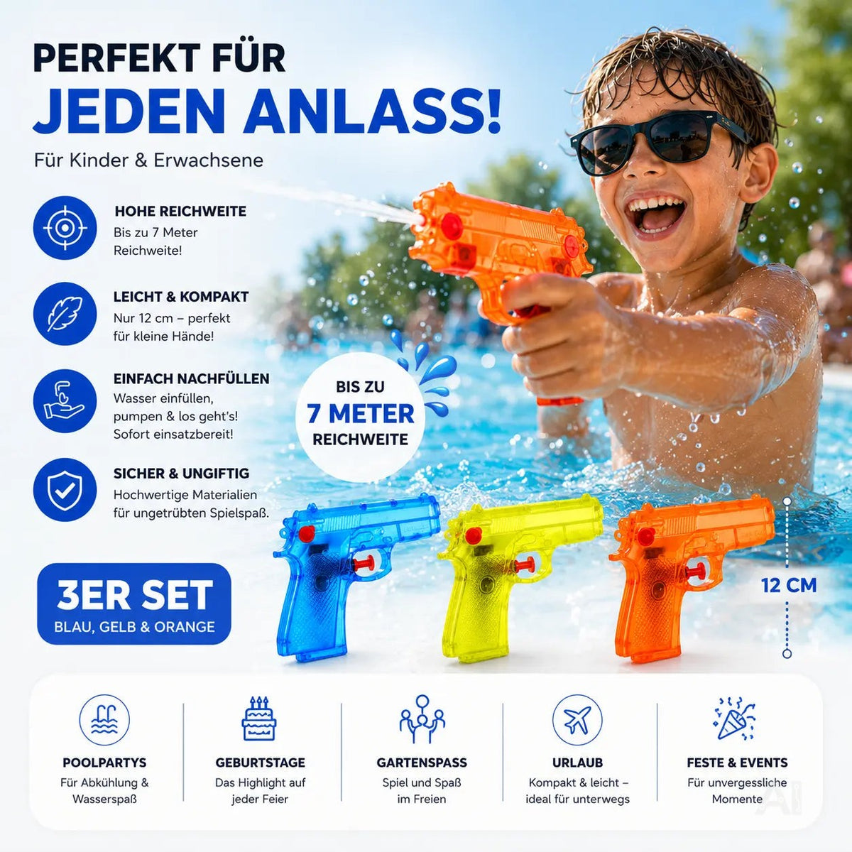 3X Wasserpistolen Set 12 cm für Kinder & Erwachsene - mit hoher Reichweite – Detailansicht 2