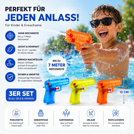 3X Wasserpistolen Set 12 cm für Kinder & Erwachsene - mit hoher Reichweite