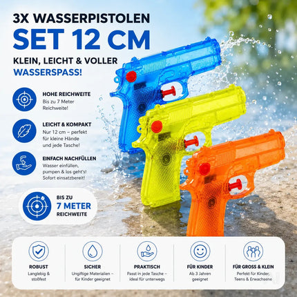 3X Wasserpistolen Set 12 cm für Kinder & Erwachsene - mit hoher Reichweite