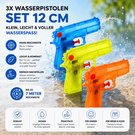 3X Wasserpistolen Set 12 cm für Kinder & Erwachsene - mit hoher Reichweite