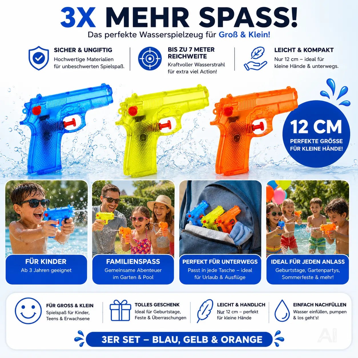 3X Wasserpistolen Set 12 cm für Kinder & Erwachsene