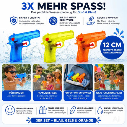 3X Wasserpistolen Set 12 cm für Kinder & Erwachsene - mit hoher Reichweite