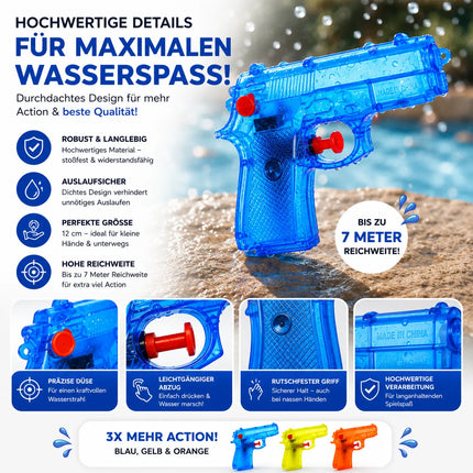 3X Wasserpistolen Set 12 cm für Kinder & Erwachsene - mit hoher Reichweite
